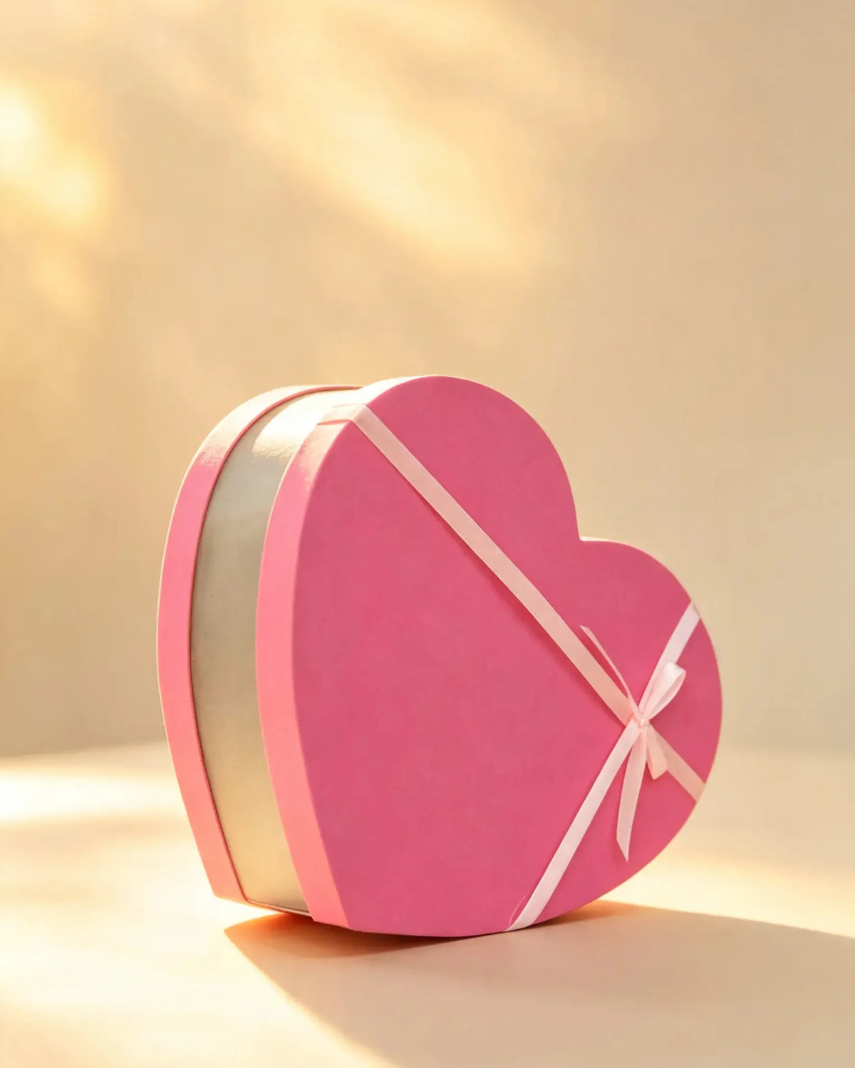Pink heart-shaped gift box with a gold trim band and pink ribbon bow
