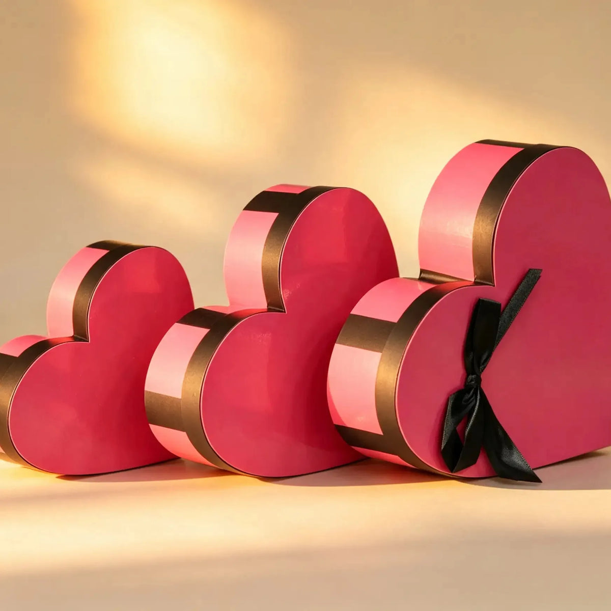 Nested set of three pink heart-shaped gift boxes with a gold trim band and black ribbon bow on the largest box