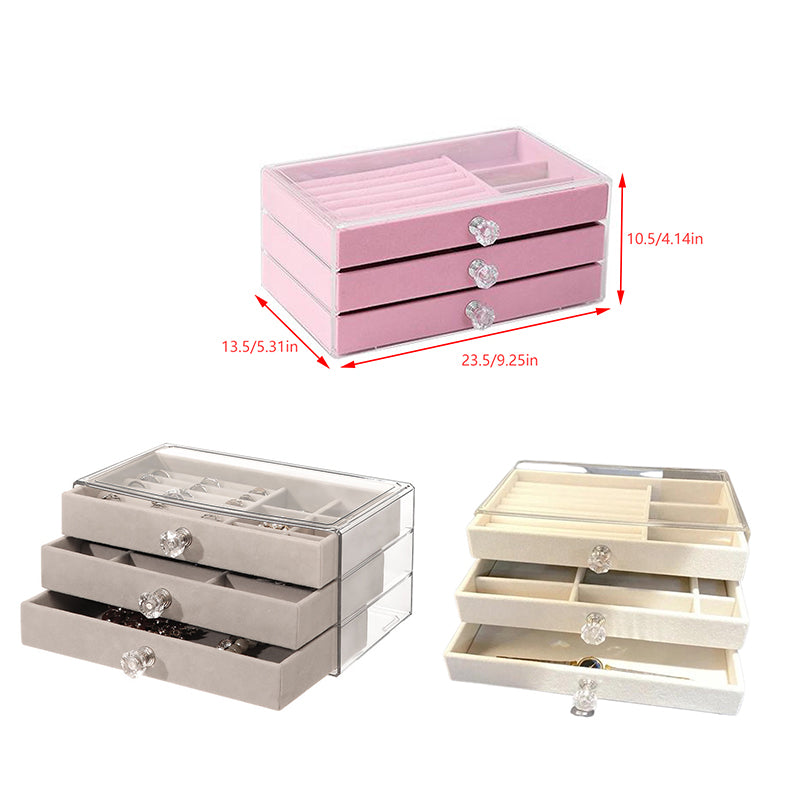 Acrylic Velvet Jewelry Organizer with 3 Drawers Stackable Display Storage Box