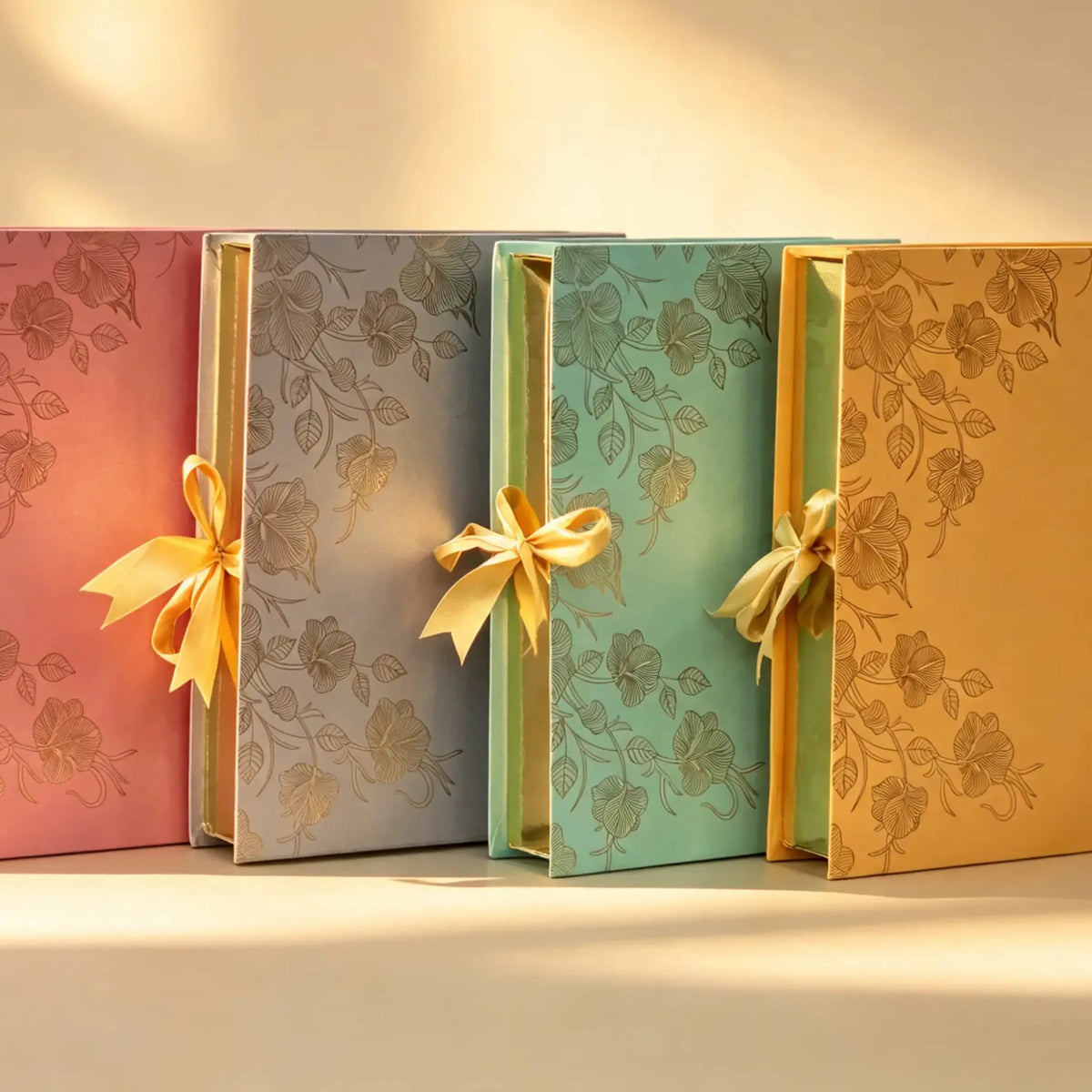 Four floral-patterned ribbon gift boxes lined up together; the pink option is shown first from the left.