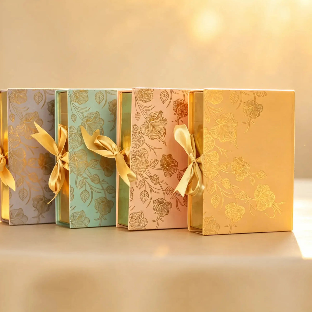 Four small book-style gift boxes with gold floral foil and ribbon bows, pink shown among the set