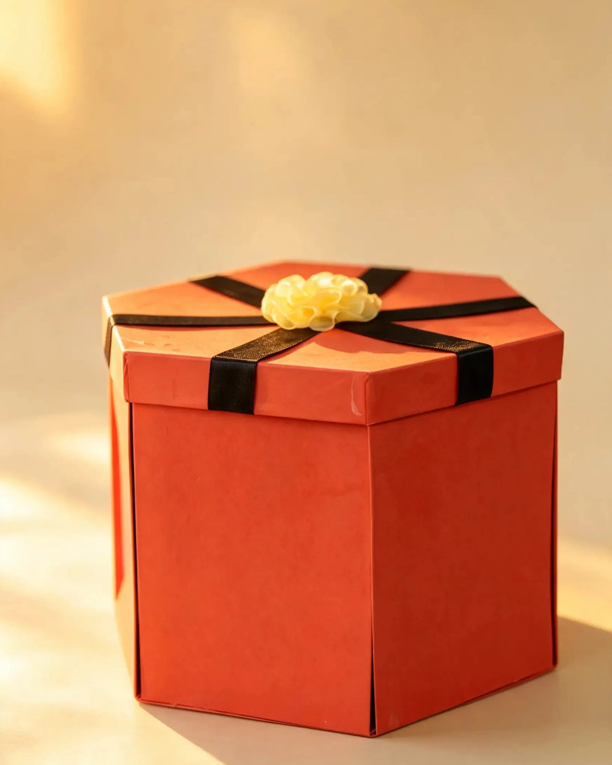 Hexagonal gift boxes shown as a set, with the pink option at the front, tied with a ribbon bow