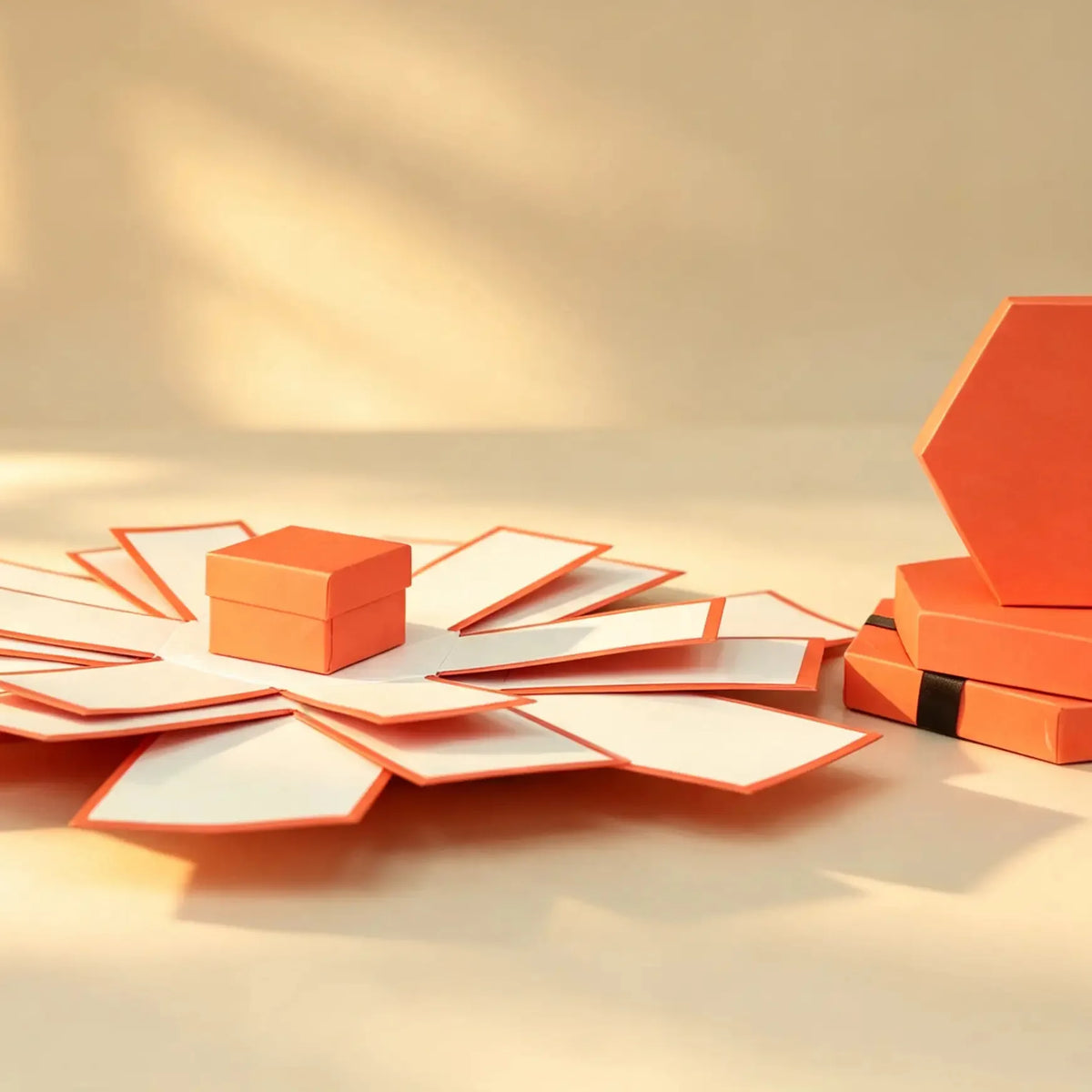 Hexagon gift box opened flat with its panels fanned out, next to a small closed box and a stack of wrapped boxes