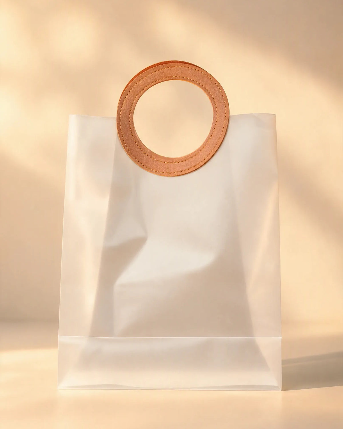 Medium frosted PVC gift bag with round brown stitched handle