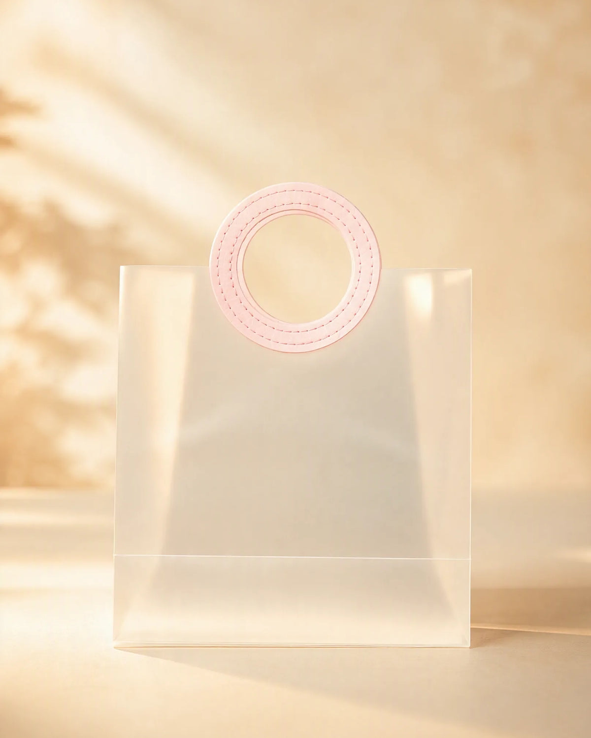 Close-up of pink round handle on clear PVC gift bag