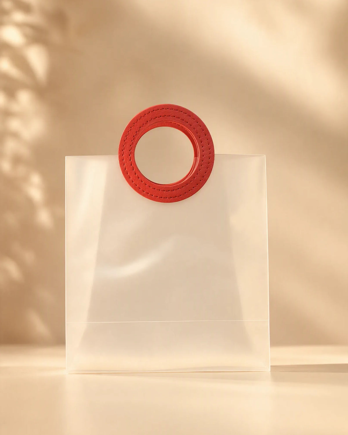 Clear frosted PVC gift bag with a red round handle, straight-on front view