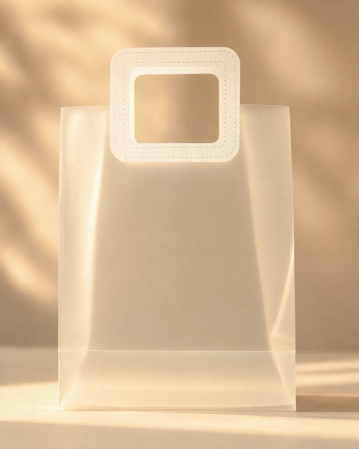 Frosted clear PVC gift bag with stitched square handle, front view