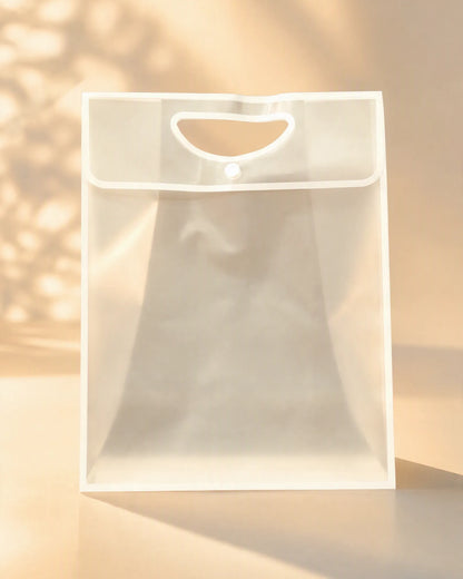 Frosted white PVC gift bag with cutout handle and button closure