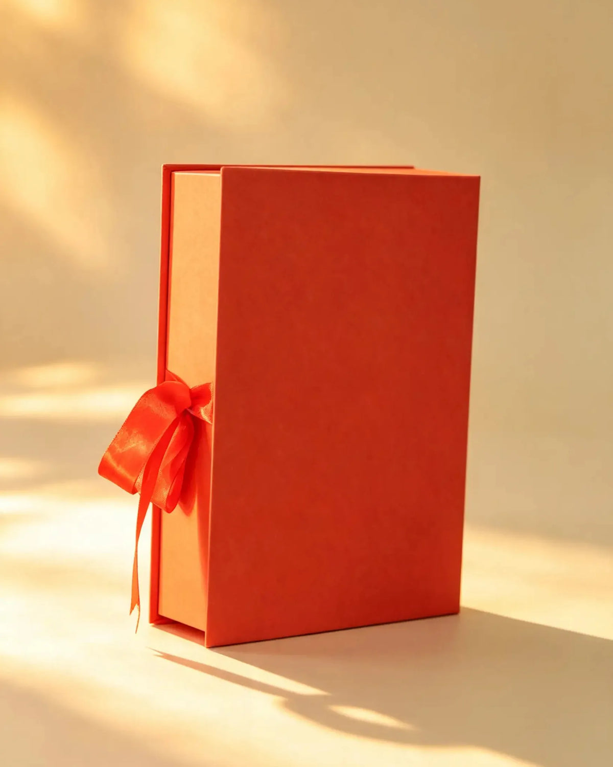 Red-orange rigid gift box with matching ribbon bow, closed upright
