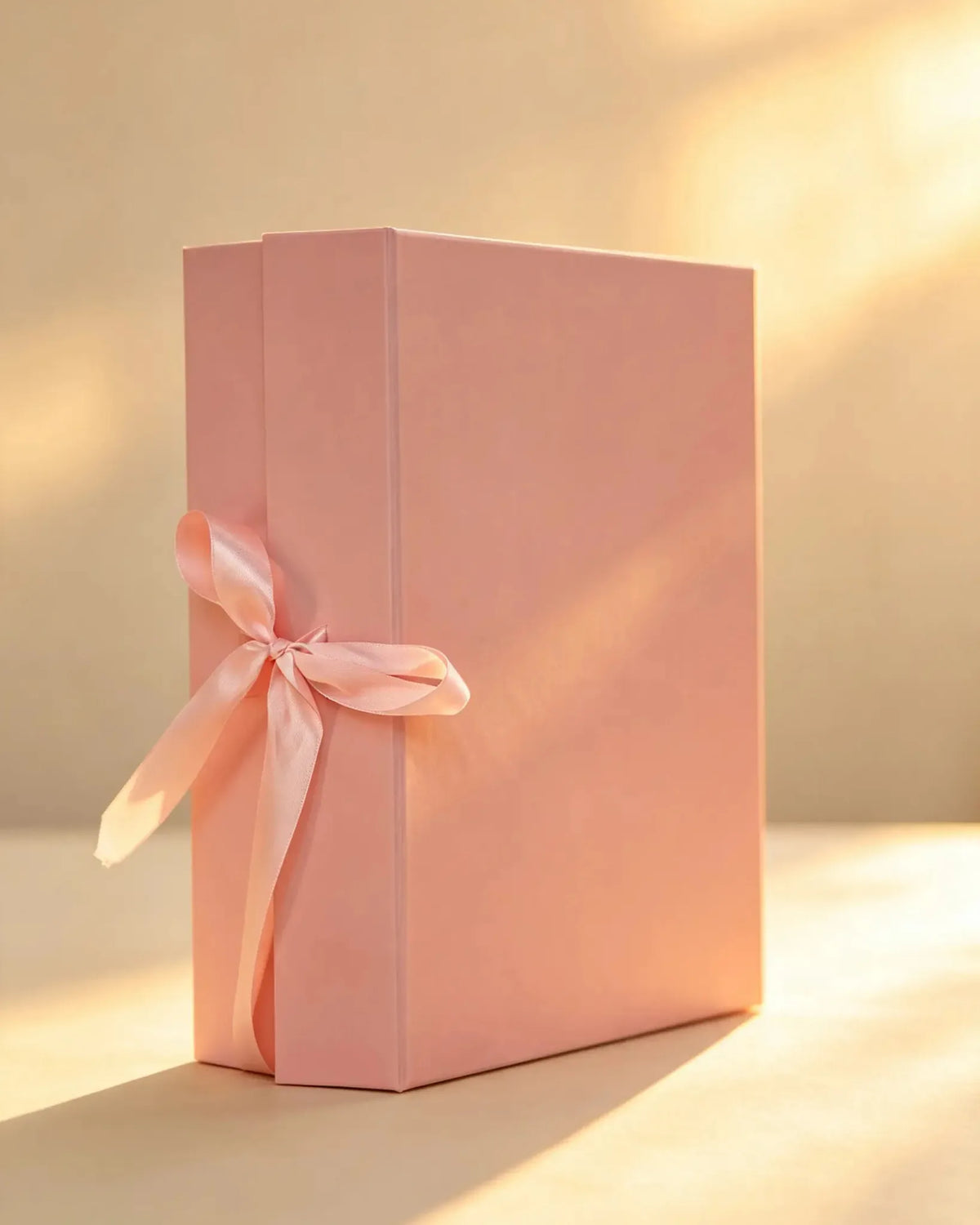 Pink rigid gift box with pink ribbon bow, closed upright