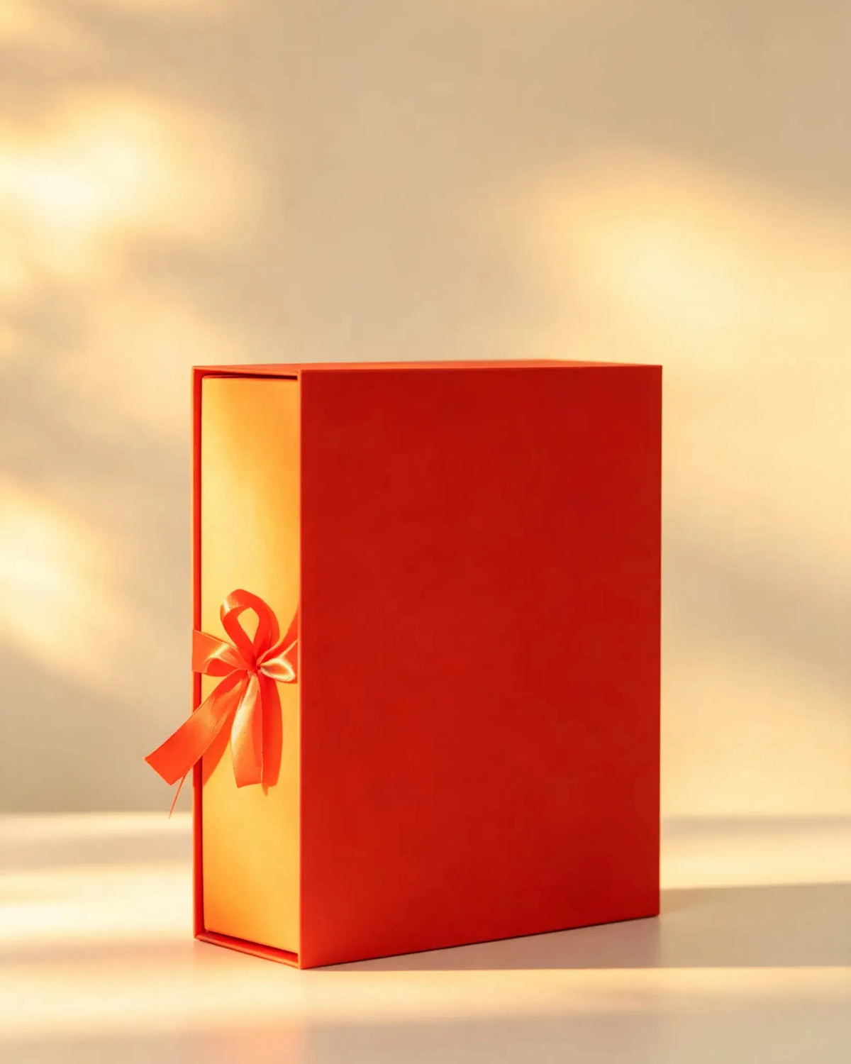 Red rigid gift box with gold-tone interior and orange ribbon bow, closed
