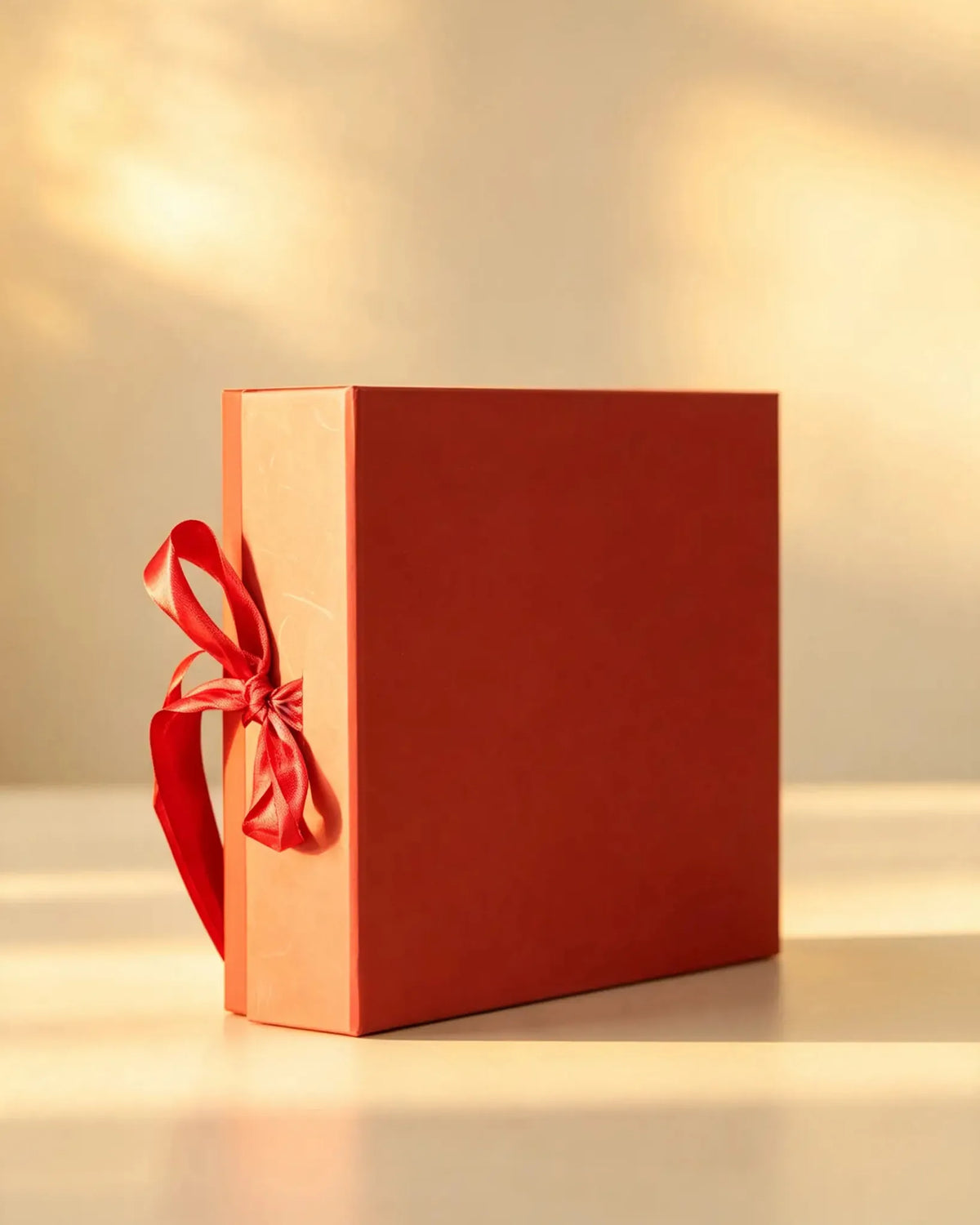 Rust red gift box with red satin ribbon bow, side angle view