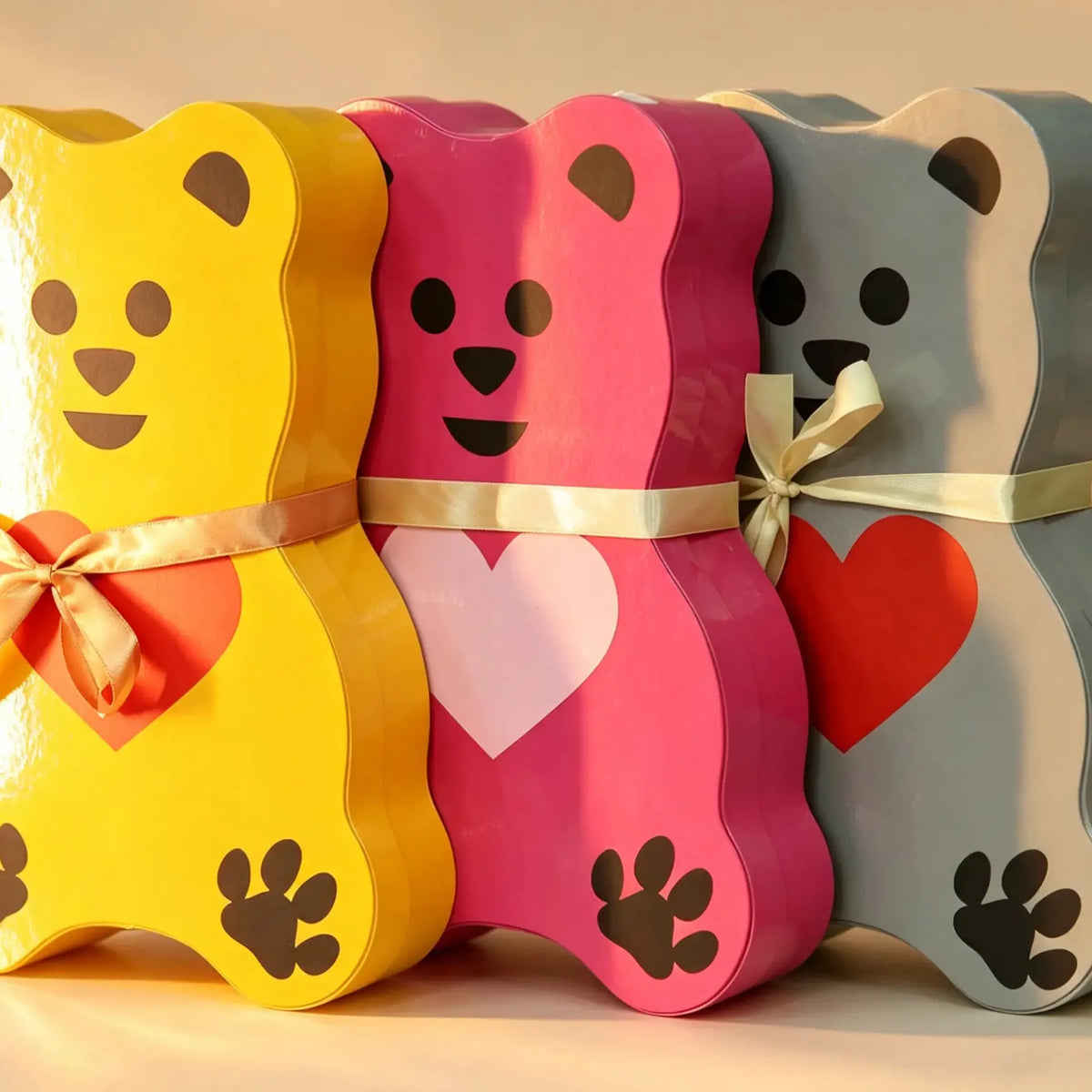 Yellow teddy bear shaped gift box with gold ribbon bow, next to pink and gray versions
