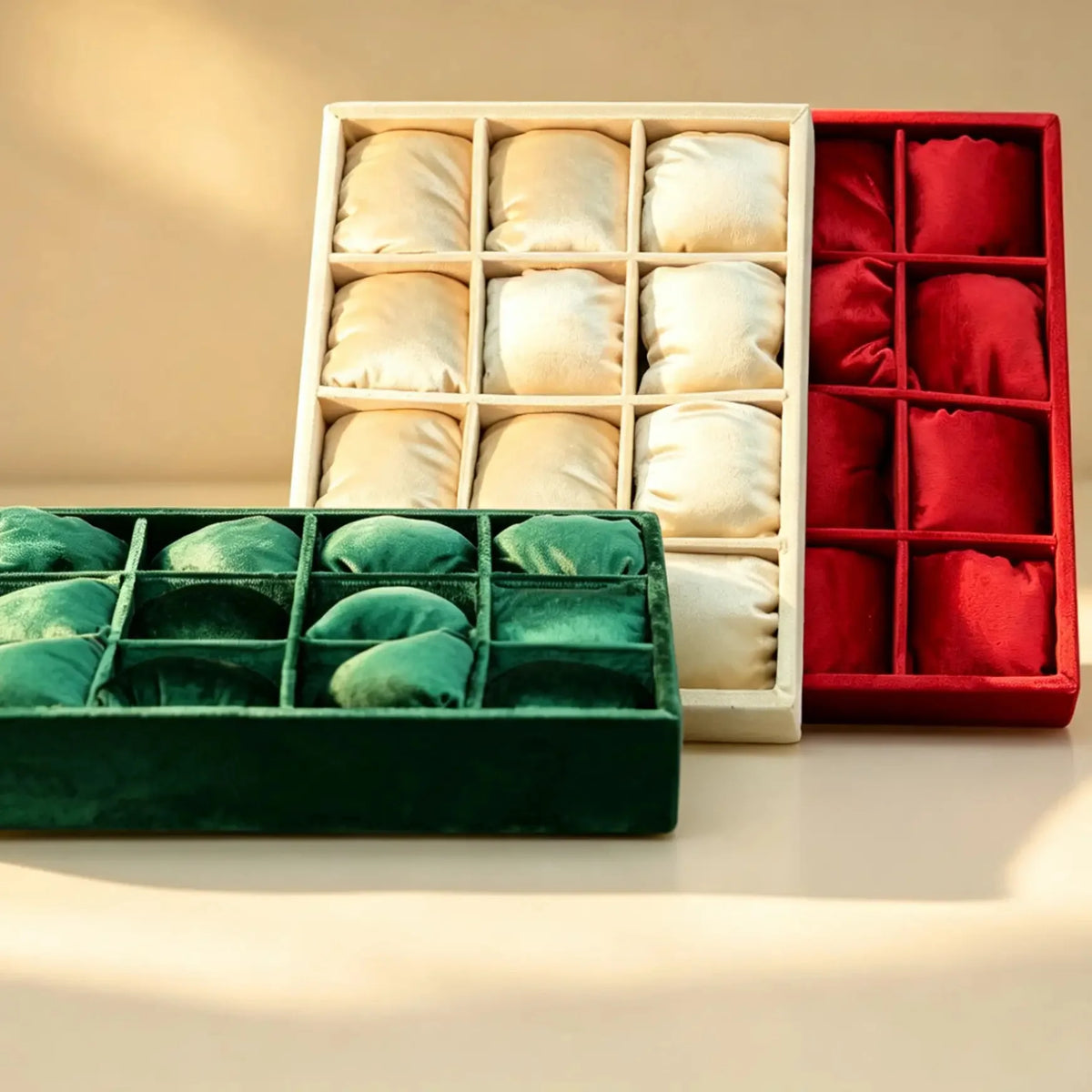 Cream, red, and green velvet bangle trays with cushioned compartments shown together