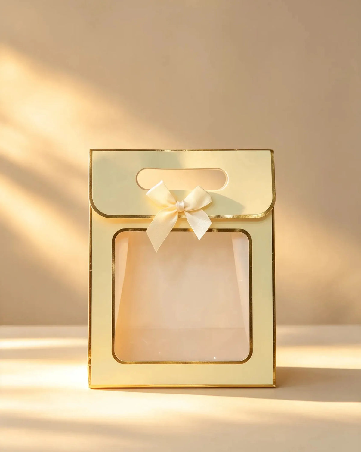 Pale yellow gift bag with gold foil trim, clear front window, and a cream ribbon bow on the handle