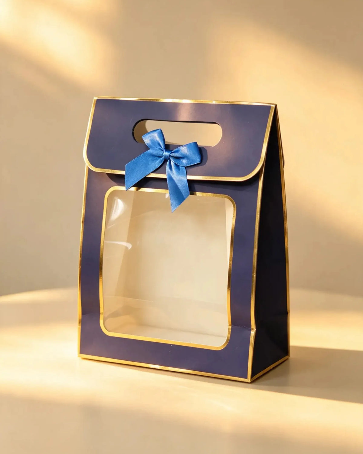 Navy blue gift bag with gold foil trim, clear front window, and a blue ribbon bow, angled view