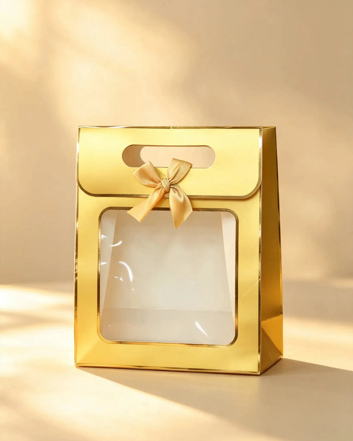 Gold gift bag with matching foil trim, clear front window, and a gold ribbon bow