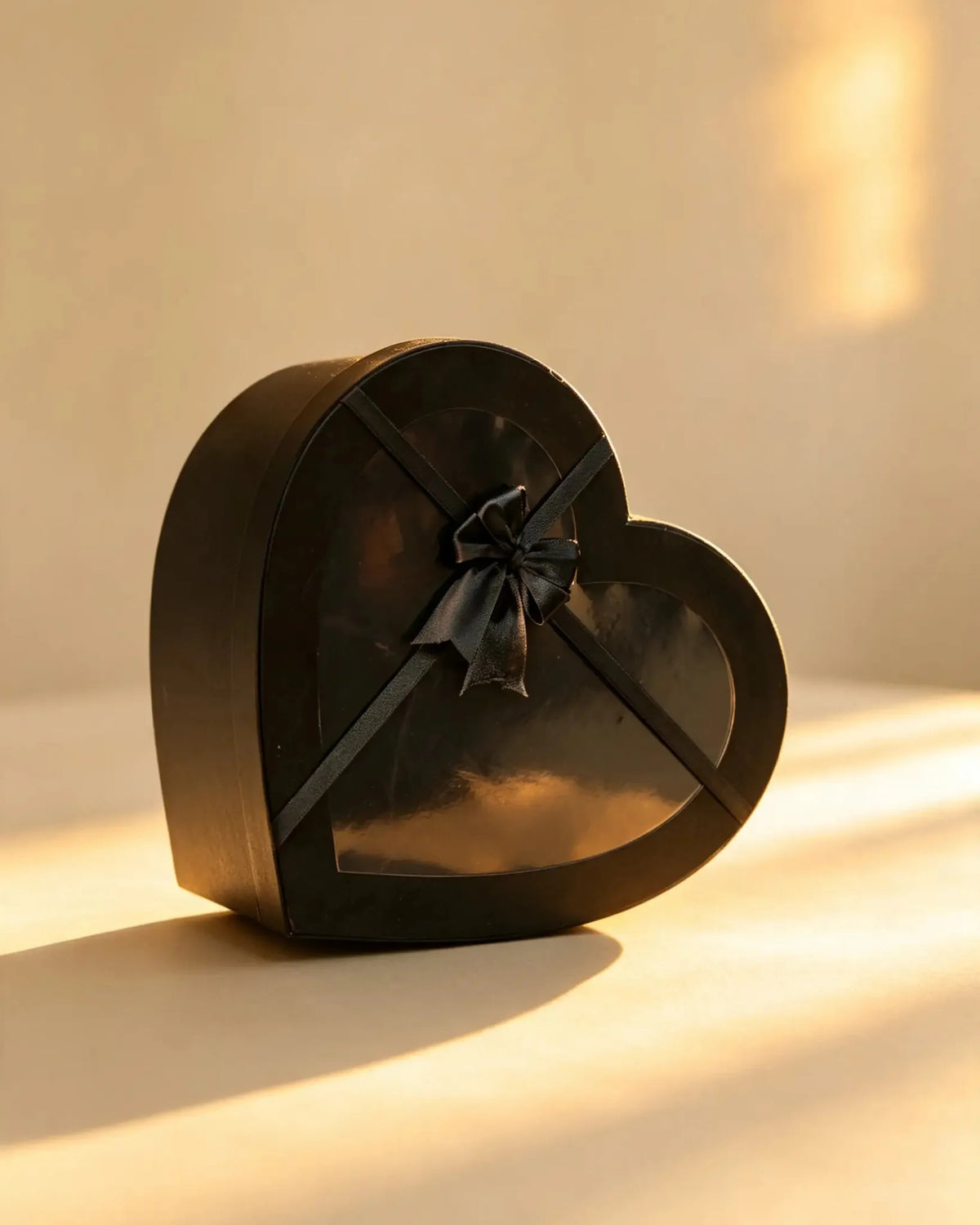 Black heart-shaped gift box with clear window and black ribbon bow