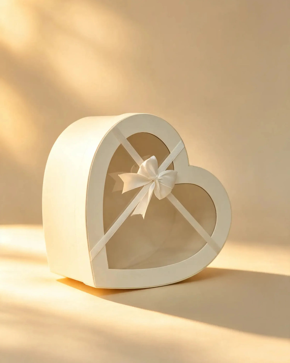 Ivory heart-shaped gift box with clear window and cream satin ribbon bow